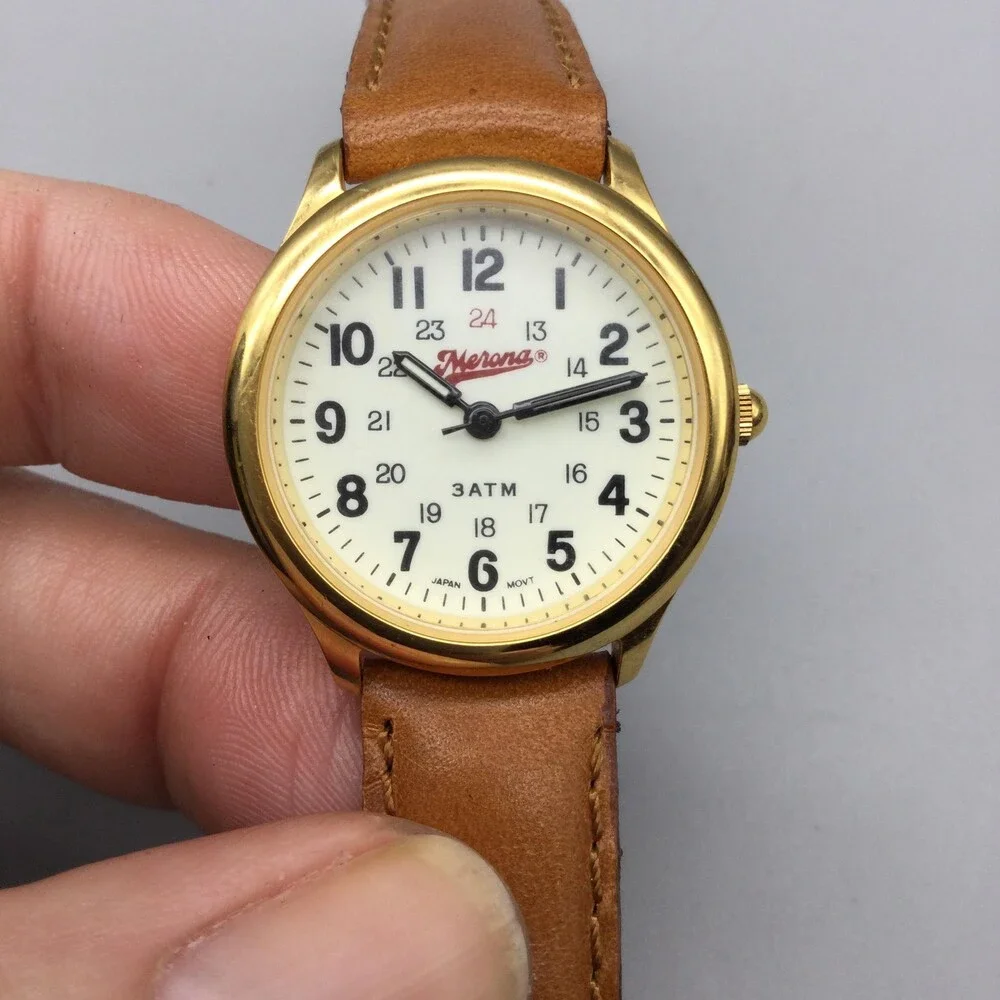 Merona Womens Watch 27mm Cream Dial Gold Tone Brown Leather Band
